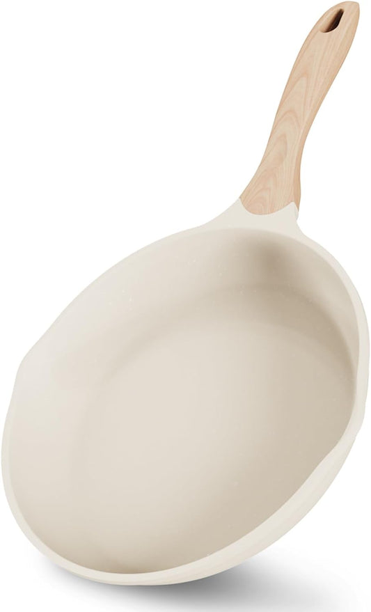 JEETEE 9.5 Inch Nonstick Frying Pan, Stone Coating Cookware, Nonstick Omelette Pan with Heat-Resistant Handle, Induction Skillet for Eggs(Beige)