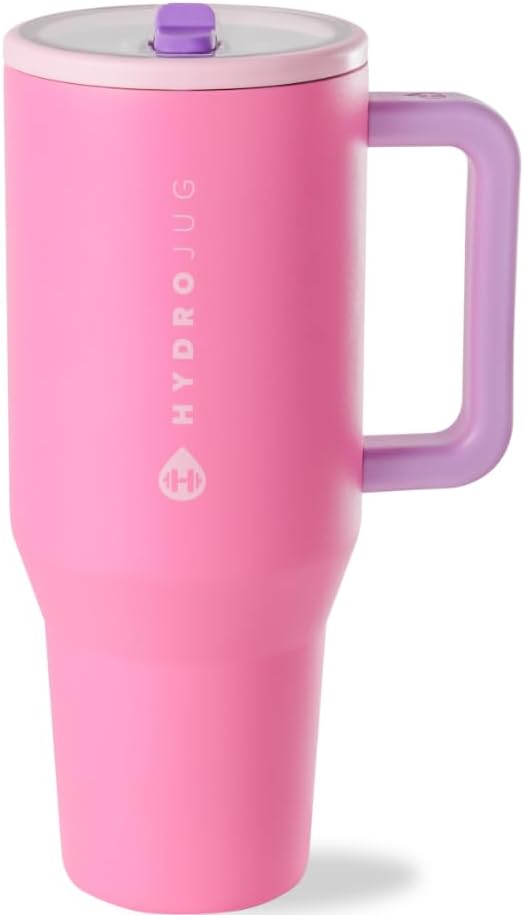 HydroJug Traveler - 32 oz Water Bottle with Handle & Flip Straw - Fits in Cup Holder, Leak Resistant Tumbler-Reusable Insulated Stainless Steel & Rubber Base - Gifts for Women & Men, Pink Sugar