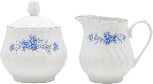 Sugar and Creamer Set - Porcelain Sugar and Creamer Floral Vintage Tea Set with Silver Trims & Embossed Swirls - Exquisite Fine China Tea Set for Parties & Celebrations - Royal Rose Set by Lynns