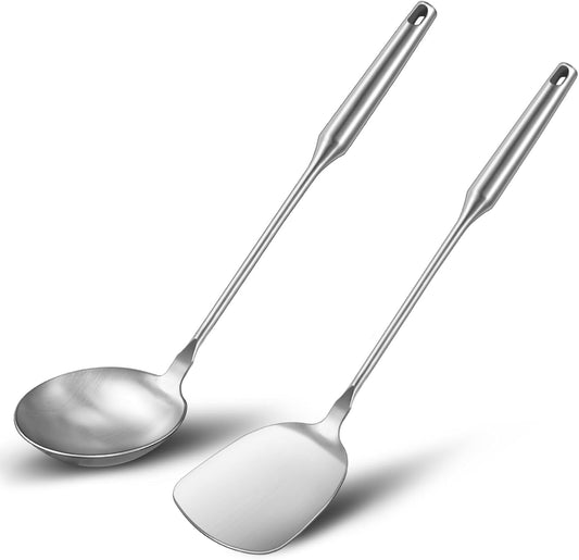 Wok Utensils Tools for Carbon Steel, Stainless Steel 2-Pieces Wok Spatula Soup Ladle Set, Wok Tools Professional Set, Heat-Resistant Handle, Ideal for Gift