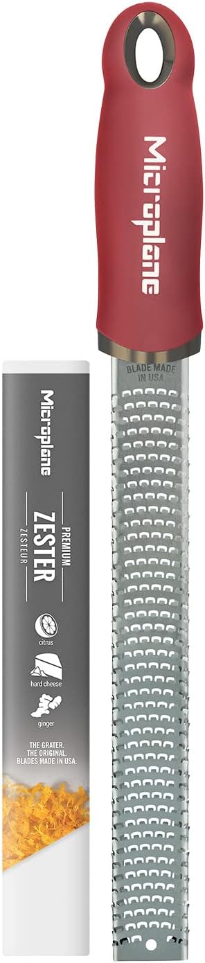 Premium Classic Series Zester - Pomegranate Red | Lemon Zester tool, Hard Cheese & Vegetable Grater | For Citrus, Parmesan Cheese, Garlic, Ginger, Nutmeg | Fine Stainless Steel Blade, Made in USA