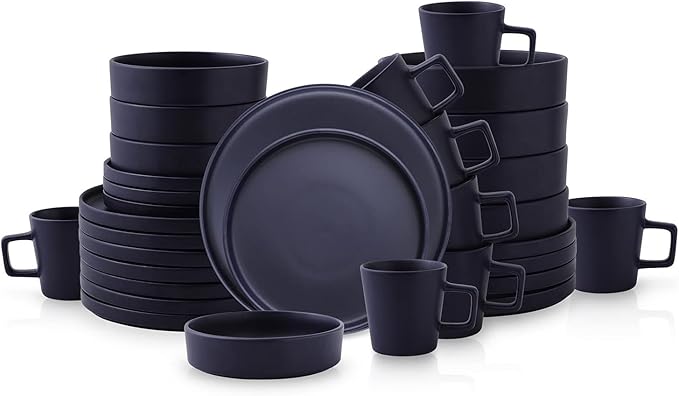 Stone Lain Cleo Stoneware 32-Piece Modern Dinnerware Set, Plates and Bowls, Dark Blue, Service for 8, Microwave & Dishwasher Safe
