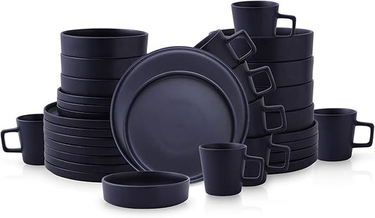 Stone Lain Cleo Stoneware 32-Piece Modern Dinnerware Set, Plates and Bowls, Dark Blue, Service for 8, Microwave & Dishwasher Safe
