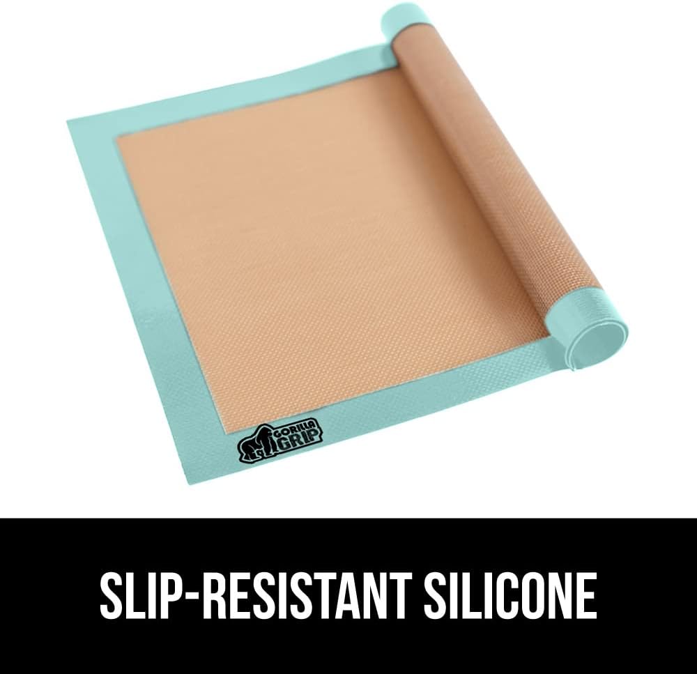 GORILLA GRIP Reusable Nonstick Silicone Baking Mat, 2 Pack, BPA-Free Oven Safe Food Liner, For Cookie Sheets, Toaster Ovens, Easy Clean Kitchen Pastry Mats, 11.75x8.25, Small Quarter Sheet Size, Mint