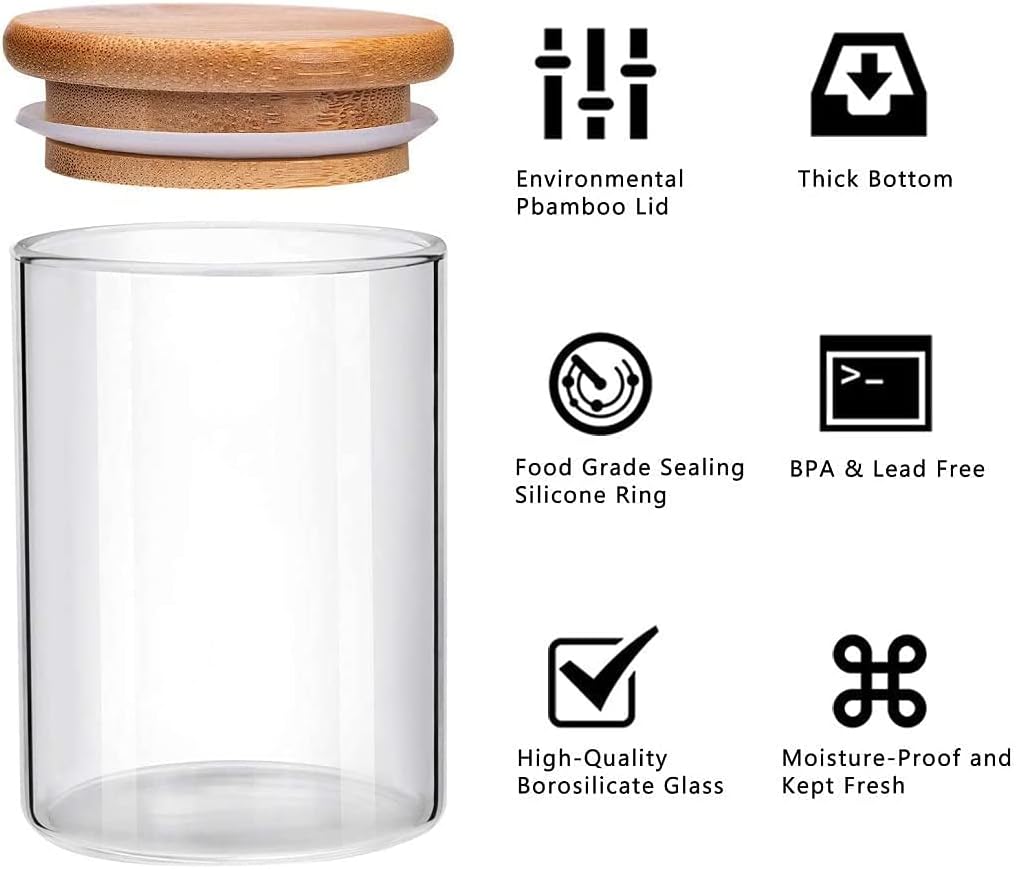 Glass Jars with Bamboo Wooden Airtight Lids 6oz 10oz Spice Jars Food Storage Containers for Home Kitchen, Tea, Salt, Pepper, Spices, Coffee, Herbs, Grains (10 OZ, 6 PCS)
