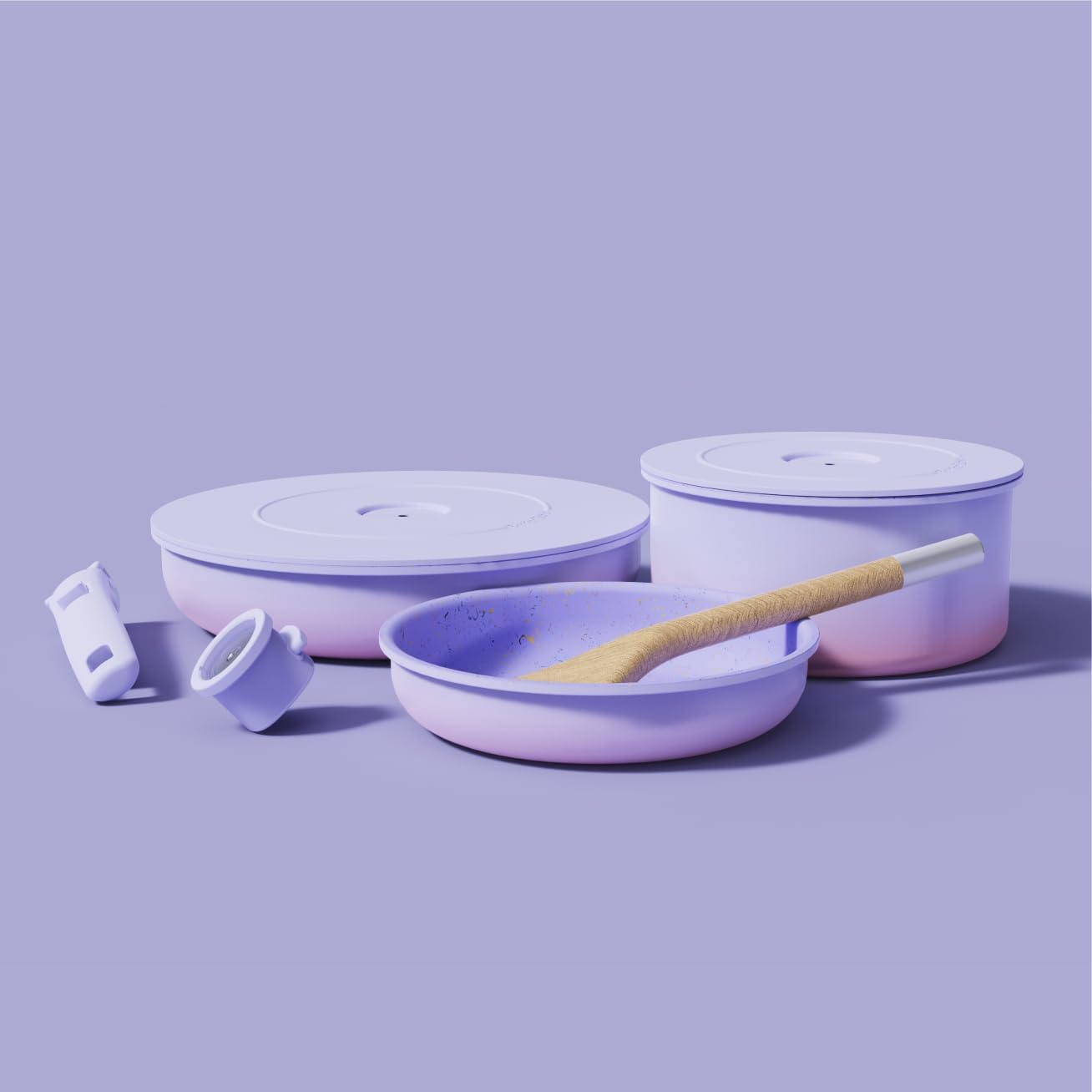 BytheTable Ombré Ceramic Titanium Non-Toxic, Nonstick Cookware Set 8-Piece Modular System with Removable Handle and Magnetic Lid, Magnetic Spatula, Eco-Friendly, Oven & Dishwasher Safe (Lavender)