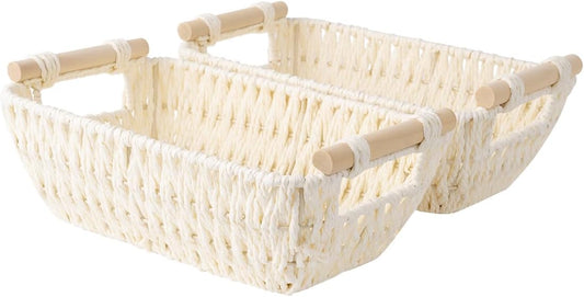 StorageWorks Round Paper Rope Woven Basket with Wooden Handles for Gifts, Small Wicker Baskets for Bathroom, Beige, 2-Pack