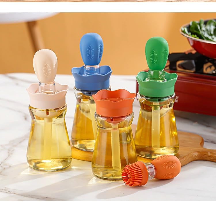 Oil Dispenser Bottle with Silicone Brush, 200ML 2 in 1 Silicone Dropper Measuring Oil Dispenser Bottle for Kitchen Cooking, Frying, Baking, BBQ Pancake, Air Fryer, Marinating - Blue