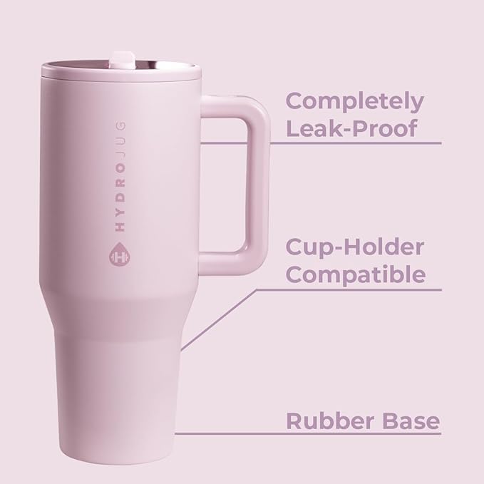 HydroJug Traveler - 40 oz Water Bottle with Handle & Flip Straw - Fits in Cup Holder, Leak Resistant Tumbler-Reusable Insulated Stainless Steel & Rubber Base - Gifts for Women & Men, Sweet Pea