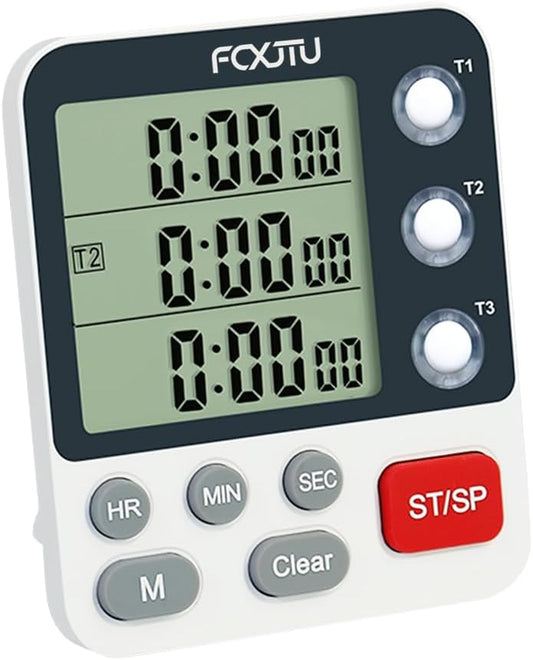 FCXJTU Digital Dual Kitchen Timer, 3-Channel Magnetic Countdown Stopwatch Timer for Cooking, Large Display, Loud Alarm, 100Hr Multi Food Classroom Timer for Seniors & Teachers (Battery Included)