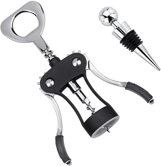 Foho Wine Opener, Multifunctional Wing Corkscrew Wine Bottle Opener for all Cork Stoppered and Beer Cap Bottles, Luxury Waiter Corkscrew with Stopper Set for Wine Enthusiast, Waiters - Black