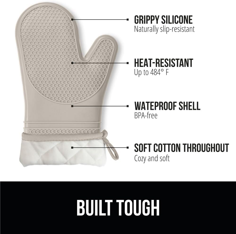 GORILLA GRIP BPA-Free Soft Silicone Oven Mitts, 14.5x8.3, Heat Resistant and Waterproof Cooking Gloves, Thick Cotton Lining, Flexible Gripping for Baking Grilling, Kitchen Potholders Set of 2, Almond