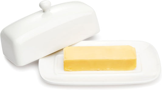 Sweese Butter Dish with Lid, Porcelain Butter Keeper, 7.8 Inch Butter Holder with Handle Cover, Butter Container Perfect for East West Coast Butter, White