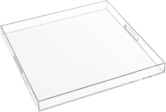 18×18 Inches Clear Acrylic Serving Tray with Handles Extra Large Ottoman Tray Decorative Trays Spill-Proof Coffee Table Space Saver Oversize Counter top Organizer Platter with Safe Edge