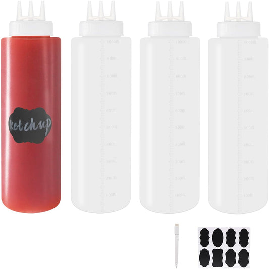 4 Pack 32oz/1000ml Plastic Squeeze Bottles 3-Hole Squirt Condiment Bottles Tomato Sauce Dispensers for Ketchup BBQ Dressing Paint Workshop Pancake Art Craft with 8 Chalk Labels and 1 Pen
