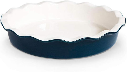 KooK Deep Dish Pie, Pecan Dessert Dish, Porcelain, Ceramic, Deep Dish Plate 10 Inch, Apple Pie, Ruffled Wave Edge, Reusable Round Pan, Oven and Dishwasher Safe, 44 Oz (Navy)