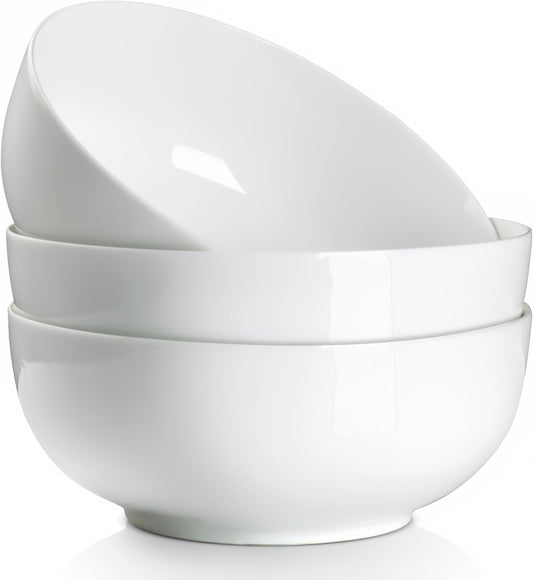 QINLANG 60 Ounces Large Soup Bowl, 8 Inches Pho Bowls, Large Ramen Bowls Set of 3, Off-White Porcelain Big Serving Bowls for Salad and Kitchen