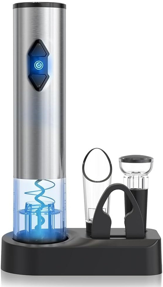 CIRCLE JOY 5-in-1 Electric Wine Opener Gift Set Stainless Steel Electric Wine Bottle Opener Battery Operated Corkscrew with Foil Cutter, Wine Pour, Wine Stopper and Storage Base, Silver