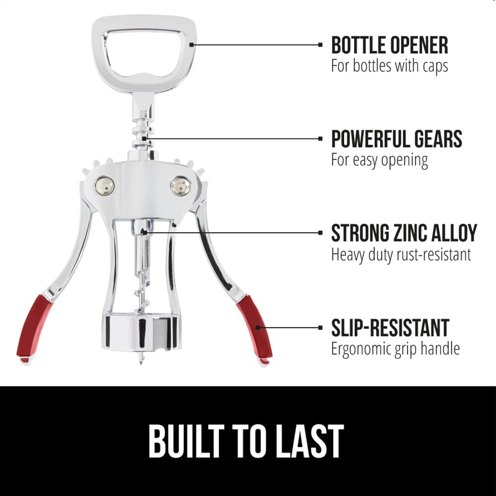 GORILLA GRIP BPA-Free Sharp Wine Opener, Heavy Duty Zinc Alloy Wing Corkscrew, Multifunctional Bottle Opener, Remove Corks or Cap, Easy to Use Bar Cork Screw, Dishwasher Safe Kitchen Essentials, Red