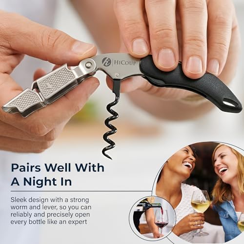 HiCoup Wine Opener - Professional Corkscrews for Wine Bottles w/Foil Cutter and Cap Remover - Manual Wine Key for Servers, Waiters, Bartenders and Home Use - Classic Black