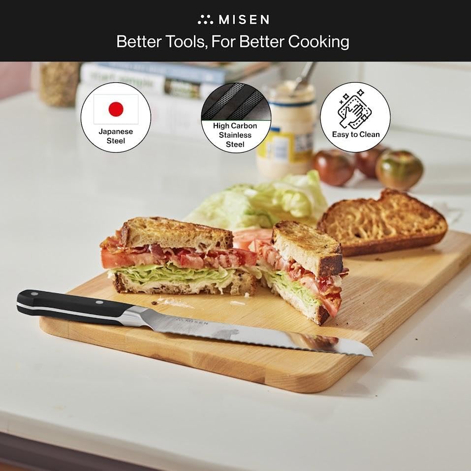 Misen Serrated Bread Knife – High-Carbon Japanese AUS8 Steel – Effortless Slicing of Bread, Pastries, and Fruits – Razor-Sharp Edge and Durable Blade with Ergonomic Handle - 8", Red