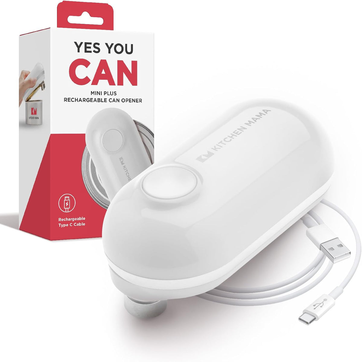 Kitchen Mama Mini Plus Rechargeable Electric Can Opener: USB-C Charging, Hands-Free, Auto Stop, Compact, Cordless, Smooth Edge - Perfect for Seniors with Arthritis, Home, and Travel (White)