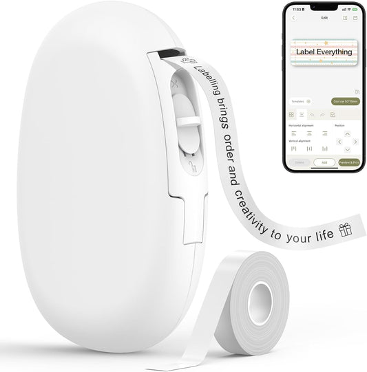 SUPVAN E10 Bluetooth Label Maker Machine with Tape, Continuous Waterproof Label, Versatile App with 35 Fonts and 1k+ Icons, Inkless Labeler for Home, Kitchen, School, Office Organization, White