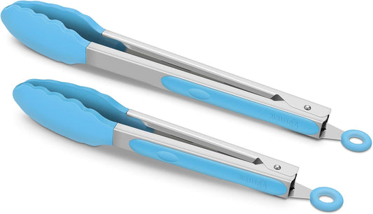 Set of 2 Kitchen Tongs, Premium Stainless Steel Locking 9-Inch & 12-Inch Silicone Grilling Barbeque Cooking Food Tong, Blue
