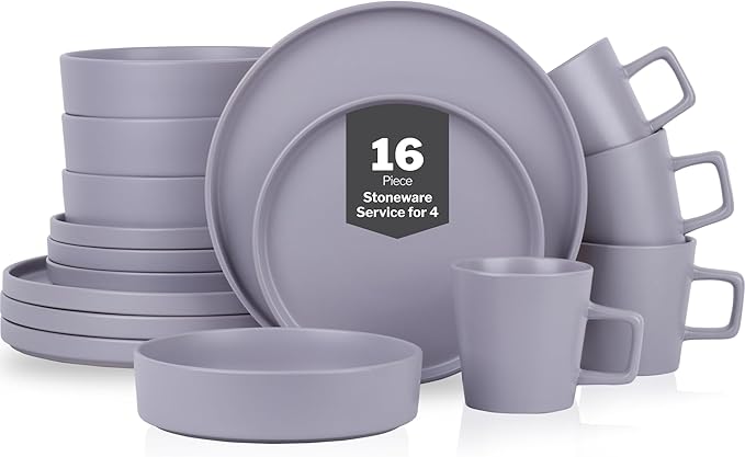 Stone Lain Cleo Stoneware 16-Piece Modern Dinnerware Set, Plates and Bowls, Light Gray, Service for 4, Microwave & Dishwasher Safe