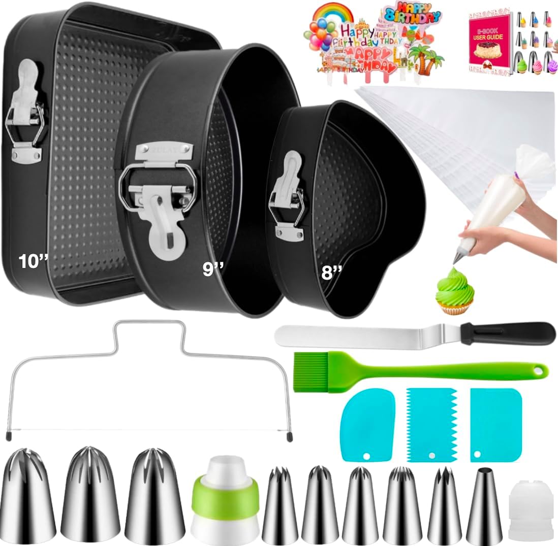 zhonglinhua99pcs Cake Pan Set with Removable Base, Cake Decorating Supplies with 3 Nonstick Bakeware Springform Pans (8" 9" 10"), Numbered Icing Piping Tips and Other Baking Supplies for Cheesecake