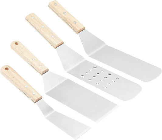 Amazon Basics 4-Piece Stainless Steel Barbecue Flat Griddle Spatula Set, Waterproof, Anti-UV, Durable, Silver