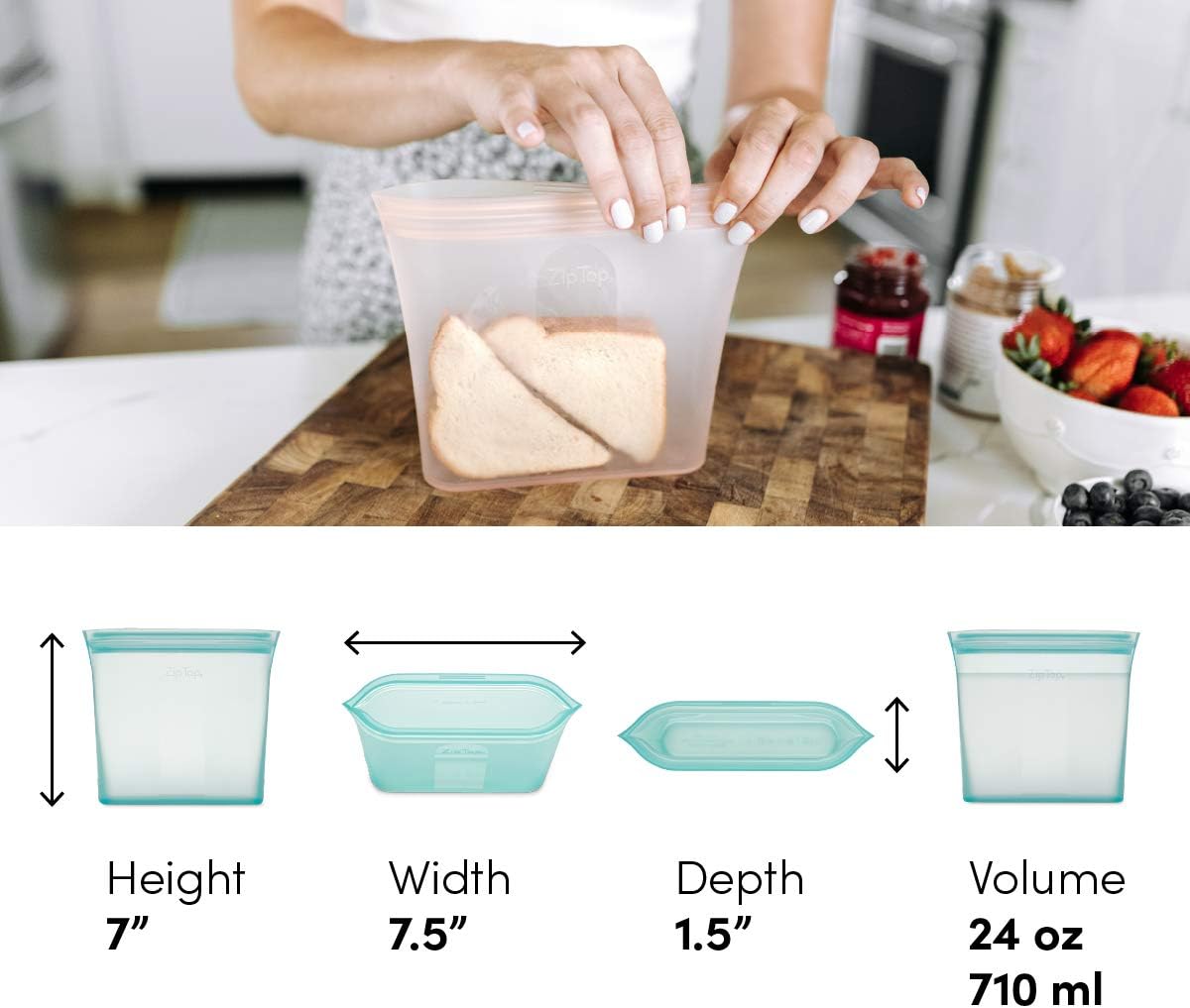 Zip Top Reusable Food Storage Bags | Sandwich Bag [Teal] | Silicone Meal Prep Container | Microwave, Dishwasher and Freezer Safe | Made in the USA