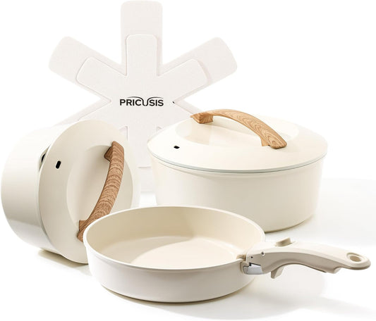 Ceramic Pots and Pans Set with Detachable Handle, Non-toxic Nonstick 8pcs Cookware Set with Die-cast Lids, Dishwasher & Oven Safe, PTFE PFOA PFAS Free, Perfect for College Dorm, Cream White