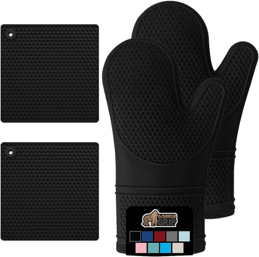 GORILLA GRIP BPA-Free Soft Silicone Oven Mitts and Pot Holders Sets of 4, Heat Resistant Waterproof Cooking Gloves, Thick Cotton Lining, Flexible Gripping for Baking Grilling, Kitchen Trivets, Black