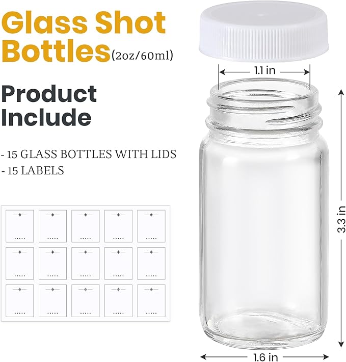 LANDNEOO 15 Pack 2 oz Glass Shot Bottles w/White Lids & 15 Labels - Small Clear Jar for Ginger, Wellness Shot, Juice, Sample, Whiskey - Travel Mini Bottles - Wide Mouth, Leakproof, Dishwasher Safe