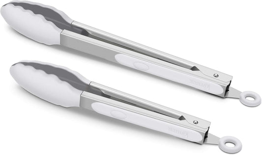 Premium Silicone Set of 2 Cooking Tongs, 9-Inch & 12-Inch BPA Free Non-Stick Stainless Steel BBQ Grilling Locking Food Tong, Light Grey