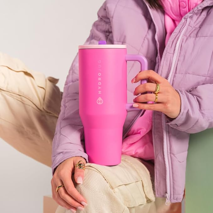 HydroJug Traveler - 32 oz Water Bottle with Handle & Flip Straw - Fits in Cup Holder, Leak Resistant Tumbler-Reusable Insulated Stainless Steel & Rubber Base - Gifts for Women & Men, Pink Sugar