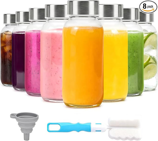8 oz Glass Water Bottles with Lids, 8 Pack Small Glass Juice Bottles with Stainless Steel Caps & Funnel, Leak-Proof Containers for Juicing, Milk, Ginger Shots, Smoothies, Wellness Drinks