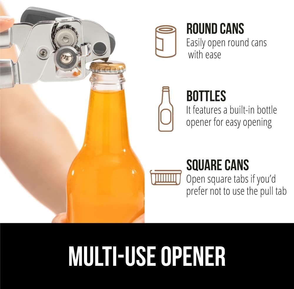 GORILLA GRIP Heavy Duty Stainless Steel Smooth Edge Manual Can Opener and Bottle Openers, Soft Comfortable Handle, Oversized Handheld Turn Knob, US Designed Multifunctional Kitchen Tool, Gray