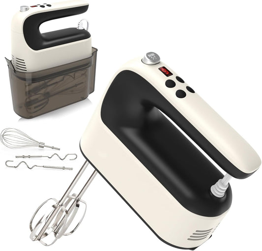 9-Speed Digital Hand Mixer Electric, 400W Powerful DC Motor, Baking Mixer Handheld with Snap-On Storage Case, 5 Stainless Steel Accessories, Flat Beaters, Dough Hooks, Whisk (Creamy&Black)