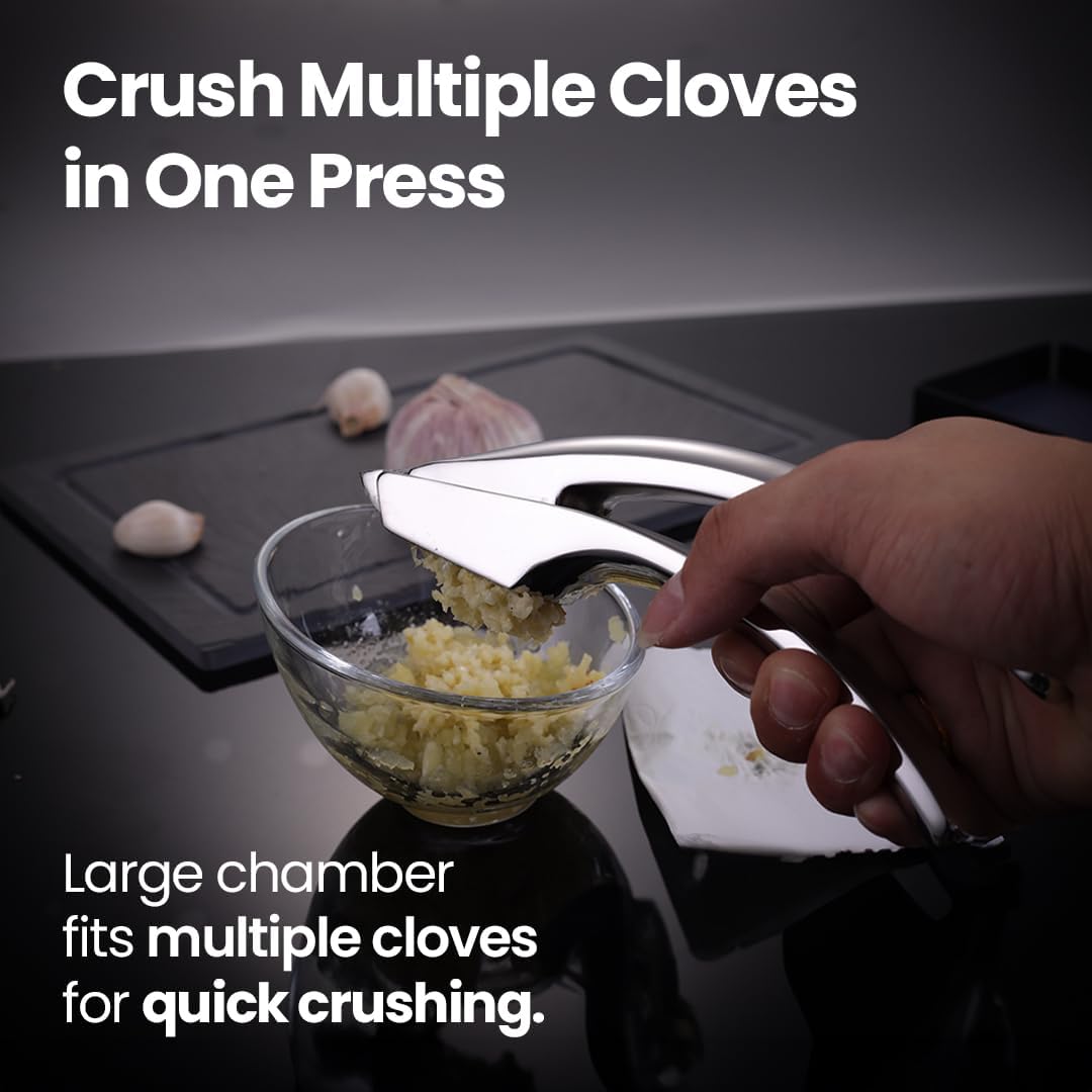 No Peeling Required Garlic Press Stainless Steel Detachable Handle for Coarse Mince, Premium Garlic Mince Tool, Rust-Proof, Easy to Clean, Dishwasher Safe, Garlic Crusher Lifetime Replacement