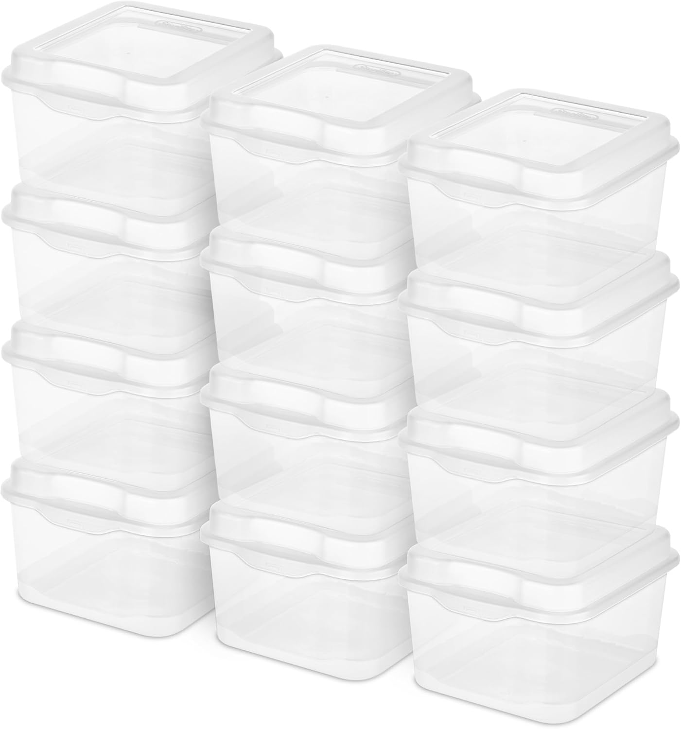 Sterilite 12-Pack FlipTop Stackable Square Small Storage Bin with Hinging Lid, Clear