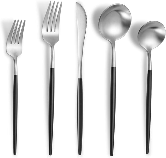 Matte Black Silver Silverware Set for 4,Modern Stainless Steel Brushed Cutlery Set,20-Pieces Heavy Duty Flatware Set,Knives Spoons and Forks Set Utensils Set, Satin Finish, Dishwasher Safe