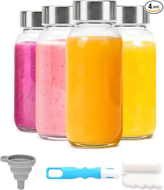 8 oz Glass Water Bottles with Lids, 4 Pack Small Glass Juice Bottles with Stainless Steel Caps & Funnel, Leak-Proof Containers for Juicing, Milk, Ginger Shots, Smoothies, Wellness Drinks