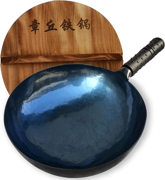 shuoguoleilei Chinese Hand Hammered Iron Woks Set, Non-Stick No Coating Preseasoned Wok Blue Round Bottom Wok Pan for Electric, Induction and Gas Stoves （Blue Black-12）