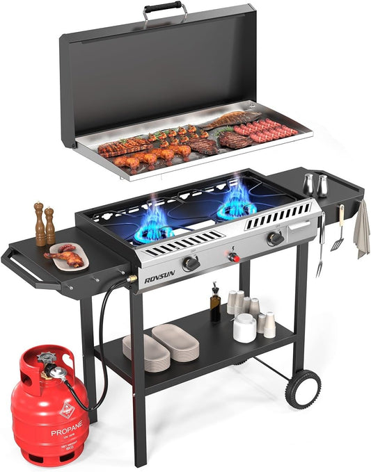 ROVSUN 2 Burner Outdoor Propane Gas Stove with Auto-ignition, Regulator & Shelf, 150,000 BTU Powerful Stand Cooker for Backyard Patio Cooking Home Brewing Canning Turkey Frying