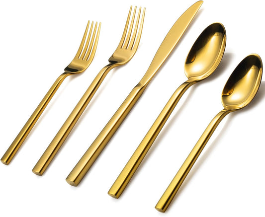 Alata Cube Gold 20-Piece Flatware Set, Forged Cutlery Set, Mirror Finish Silverware Service for 4, Stainless Steel Tableware with Square Handle for Home/Restaurant, Dishwasher Safe