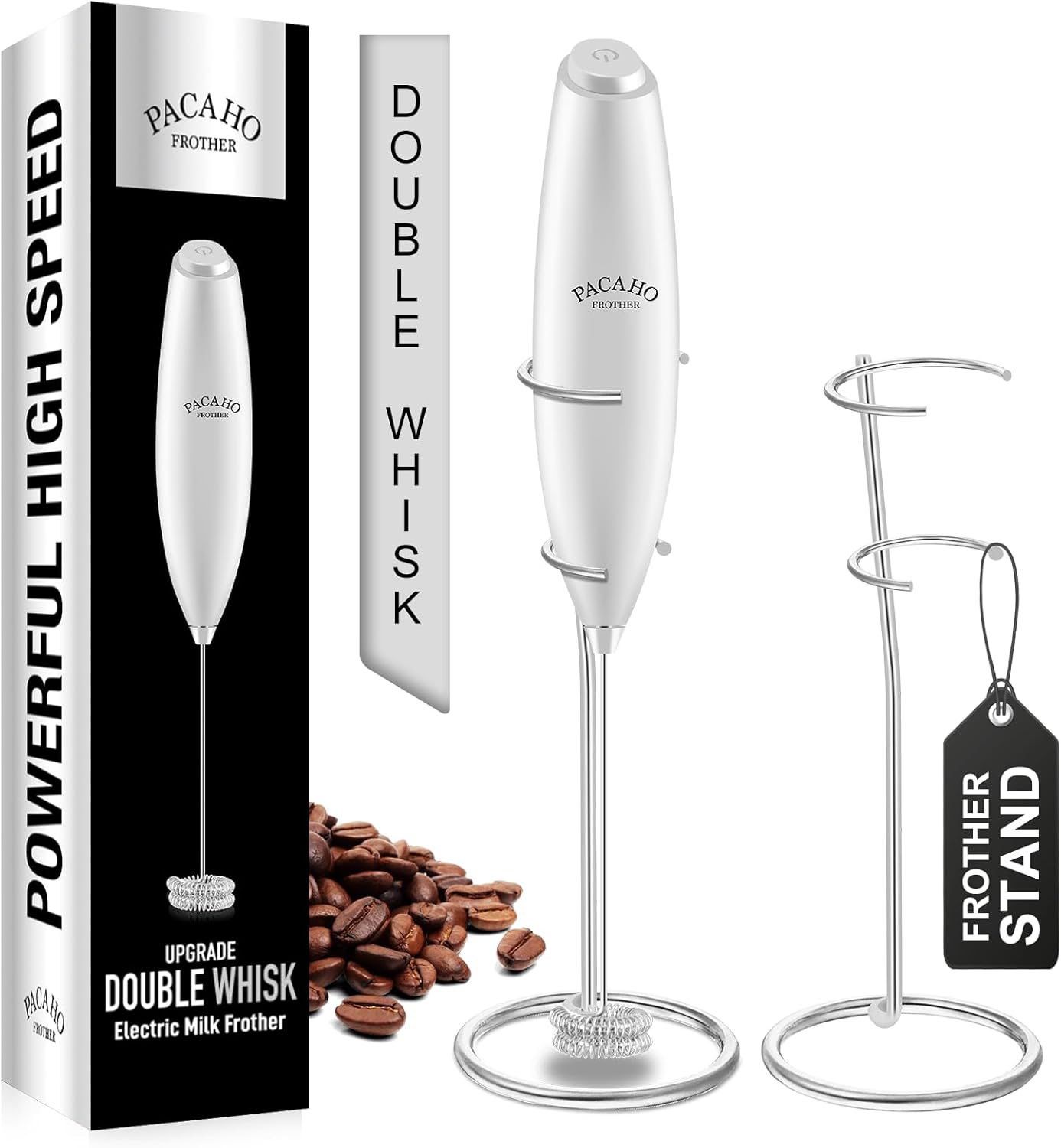 Powerful Milk Frother with Stand with Double Whisk, Handheld Electric Foam Maker, Hand Mixer Wand, Portable Mini Blender Foamer Stirrer for Coffee Creamer, Latte, Matcha,Hot Chocolate, Silver