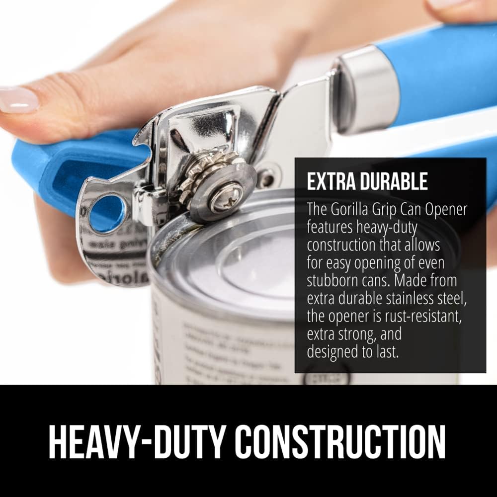 GORILLA GRIP Heavy Duty Stainless Steel Smooth Edge Manual Can Opener and Bottle Openers, Soft Comfortable Handle, Oversized Handheld Turn Knob, US Designed Multifunctional Kitchen Tool, Aqua
