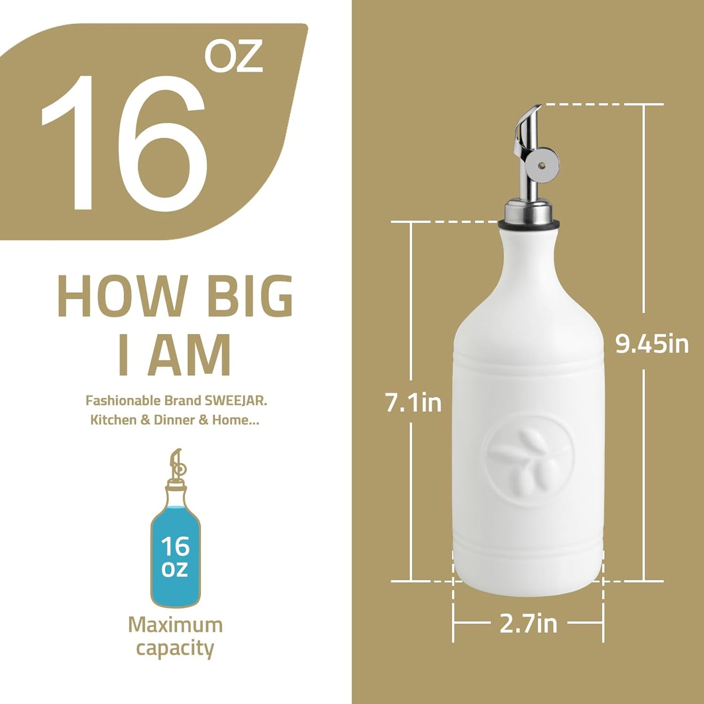 Sweejar 16 Oz Ceramic Olive Oil Dispenser Bottle, Oil Dispenser for Kitchen with Gravity Spout, Relief Opaque Oil Container for Evoo, Avocado Oil, Vinegar, Soy Sauce, 1 Pack(Turquoise, Silver Spout)